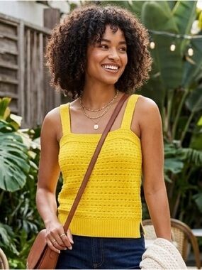 Sonoma Sunflower Yellow Crochet Knit Boho Tank Top Square Neck M Retro Summer